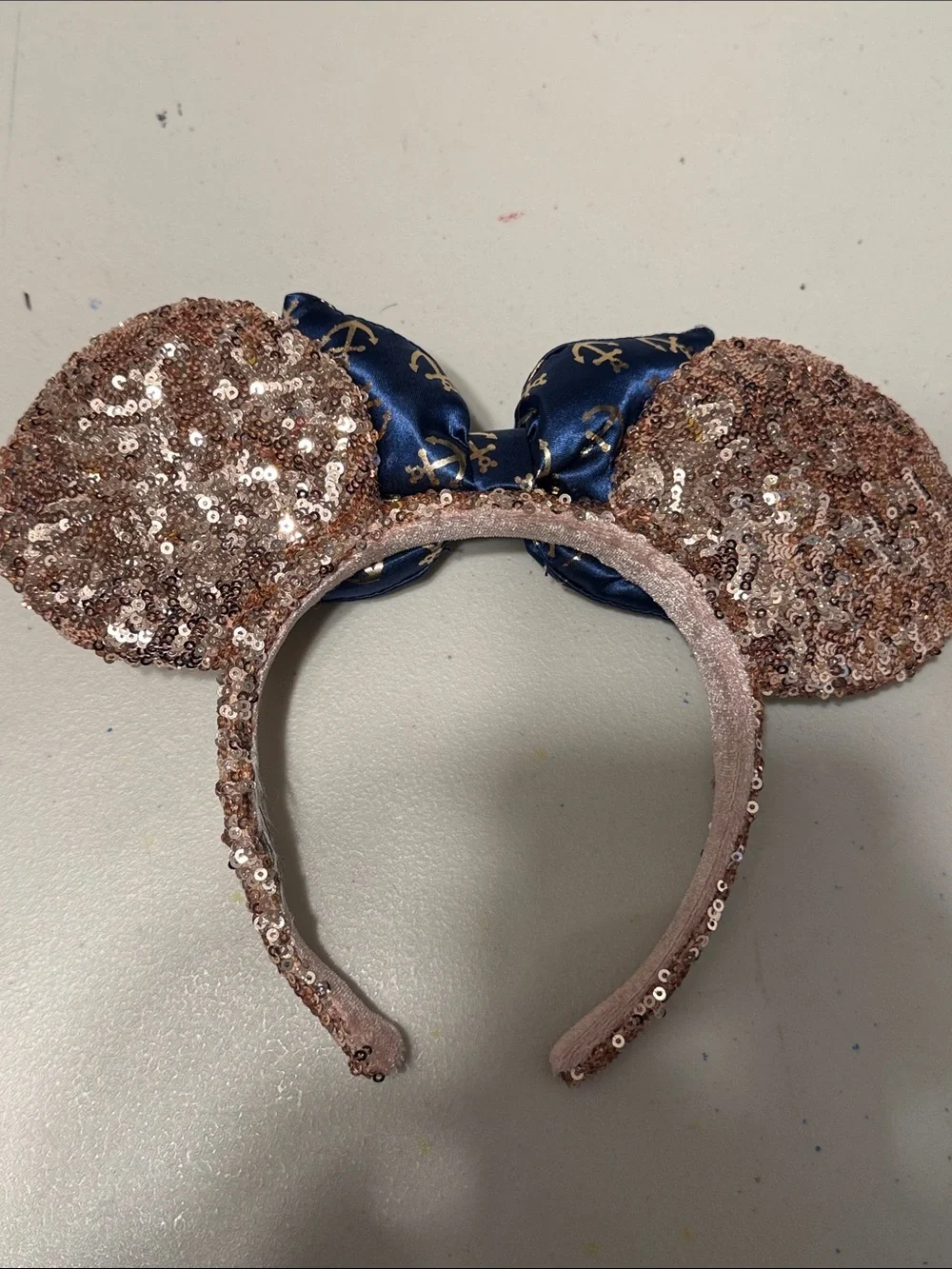 Disney Rose Gold Sequin Minnie Ears Headband with Navy Anchor Bow